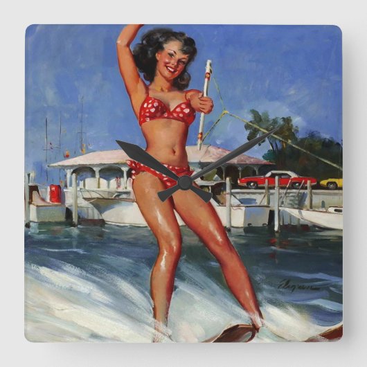 ヴィンテージレトロウォータースキーピンナップガール スクエア壁時計 (正面)