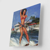 ヴィンテージレトロウォータースキーピンナップガール スクエア壁時計 (傾斜)