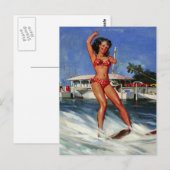 ヴィンテージレトロウォータースキーピンナップガール ポストカード (正面/裏面)