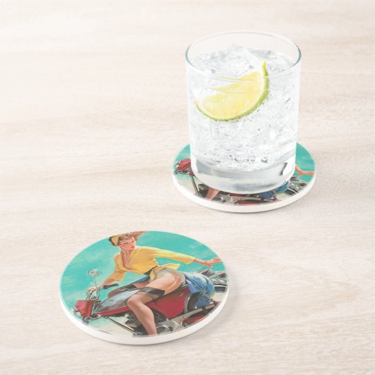 ヴィンテージレトロエルブグレンバイクバイクもしくは自転車に乗る人ピンアップガール コースター (側面)