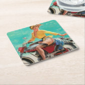ヴィンテージレトロエルブグレンバイクバイクもしくは自転車に乗る人ピンアップガール スクエアペーパーコースター (アングル)