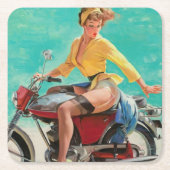 ヴィンテージレトロエルブグレンバイクバイクもしくは自転車に乗る人ピンアップガール スクエアペーパーコースター (正面)