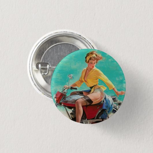 ヴィンテージレトロエルブグレンバイクバイクもしくは自転車に乗る人ピンアップガール 缶バッジ (正面&裏面)