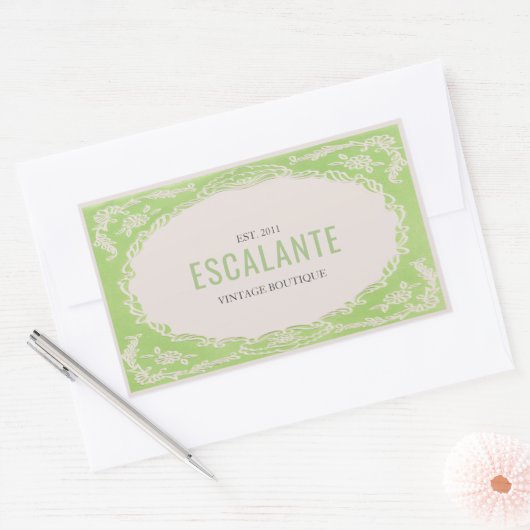 ヴィンテージレトロエレガントフローラグリーンベージュフレーム 長方形シール (封筒)
