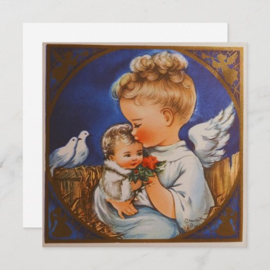 ヴィンテージレトロエンジェルとベビーイエズクリスマス シーズンカード (正面/裏面)