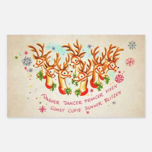 ヴィンテージレトロオールサンタズトナカイ 長方形シール (正面)