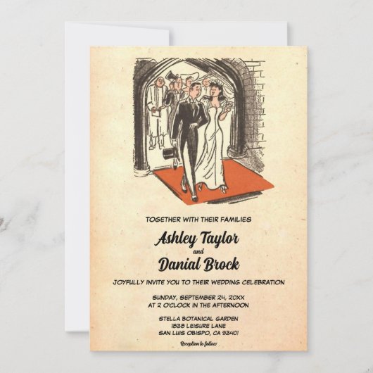 ヴィンテージレトロオールドたった今結婚しましたカップルシ結婚ック 招待状 (正面)