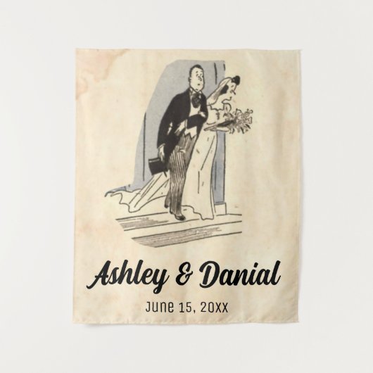 ヴィンテージレトロオールドたった今結婚しました新郎新婦結婚の タペストリー (正面)