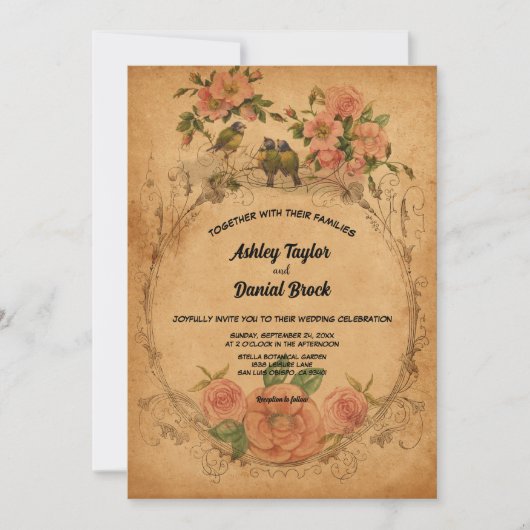 ヴィンテージレトロオールドエンシェント素朴ロマン結婚ツ 招待状 (正面)