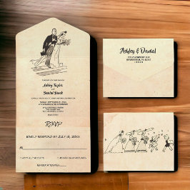 ヴィンテージレトロオールドポップ・アートのカップル素朴ア結婚ート オールインワン招待状