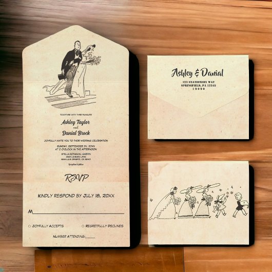 ヴィンテージレトロオールドポップ・アートのカップル素朴ア結婚ート オールインワン招待状