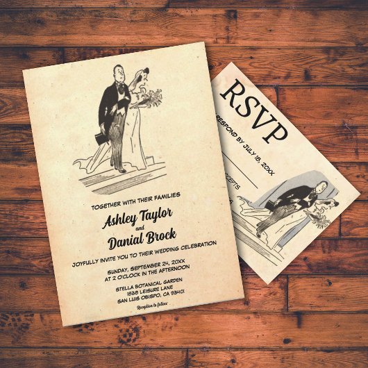 ヴィンテージレトロオールドポップ・アートのカップル素朴ア結婚ート 招待状