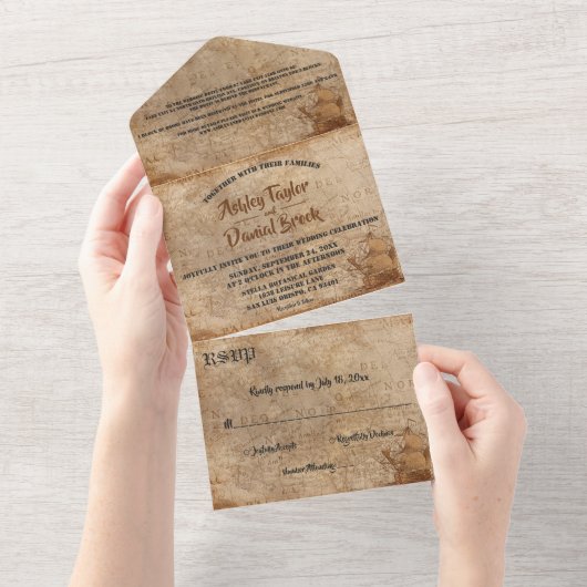 ヴィンテージレトロオールドマップサイロクラシックート結婚ズ オールインワン招待状 (貼ってはがせる)