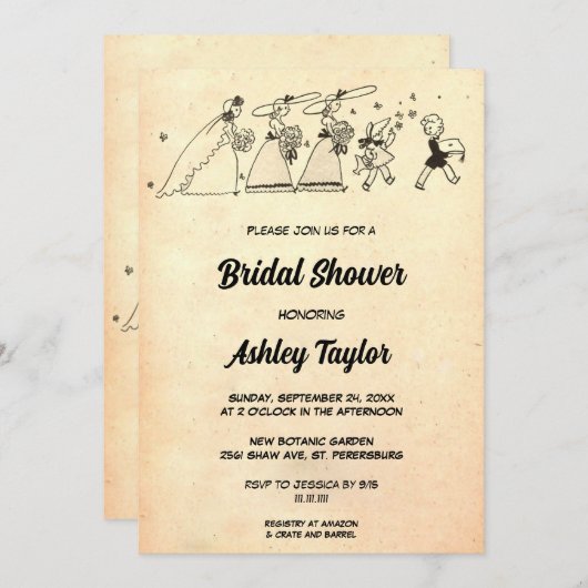 ヴィンテージレトロオールドミッドセンチュリーモダンブライダルシャワー 招待状 (正面/裏面)