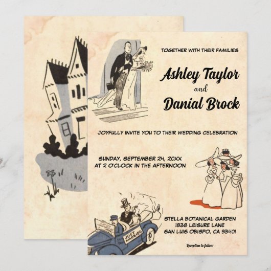 ヴィンテージレトロオールドロマンクラシックティック漫画結婚ズ 招待状 (正面/裏面)