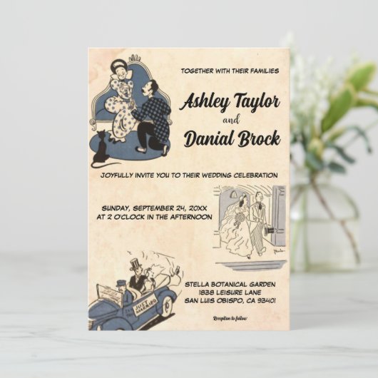 ヴィンテージレトロオールドロマンチックモダン漫画結婚ズ 招待状 (スタンド正面)