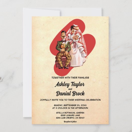 ヴィンテージレトロオールドロマンチック素朴カップル結婚ズ 招待状 (正面)