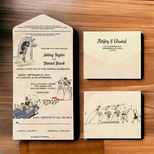 ヴィンテージレトロオールドロマンチック50s漫画ブック結婚ズ オールインワン招待状
