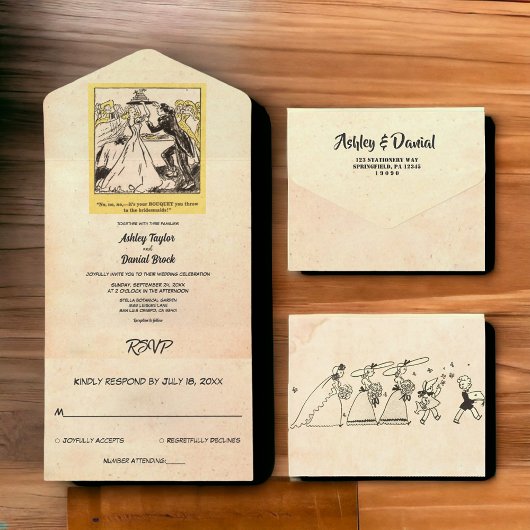 ヴィンテージレトロオールド古代50s花嫁おもしろい結婚の オールインワン招待状