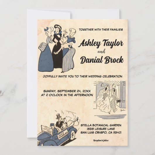 ヴィンテージレトロオールド漫画スタイリッシュブックシ結婚ック 招待状 (正面)
