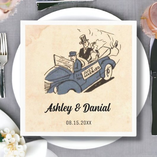 ヴィンテージレトロオールド漫画新婦素朴の結婚新郎 スタンダードカクテルナプキン