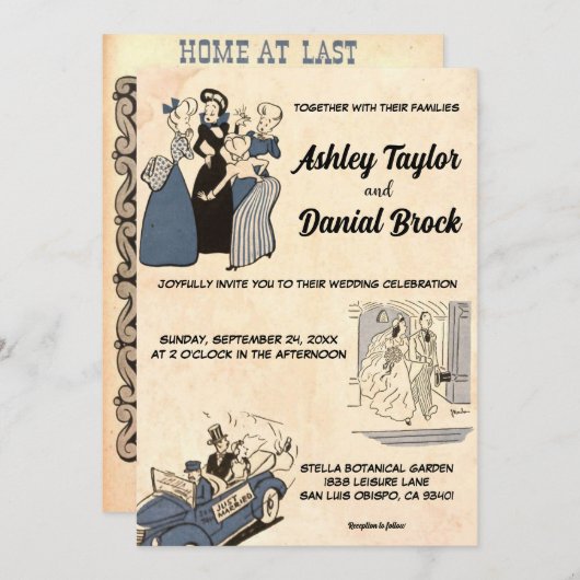 ヴィンテージレトロオールド花嫁スタイリッシュ新郎シ結婚ック 招待状 (正面/裏面)