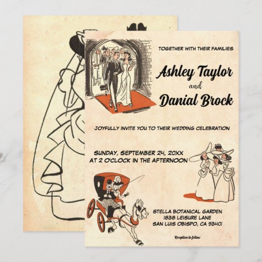 ヴィンテージレトロオールド50s漫画ブッククラシック結婚ズ 招待状 (正面/裏面)
