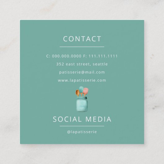 ヴィンテージレトロカップケーキスタンドベーカリーパティシシェフ スクエア名刺 (裏面)