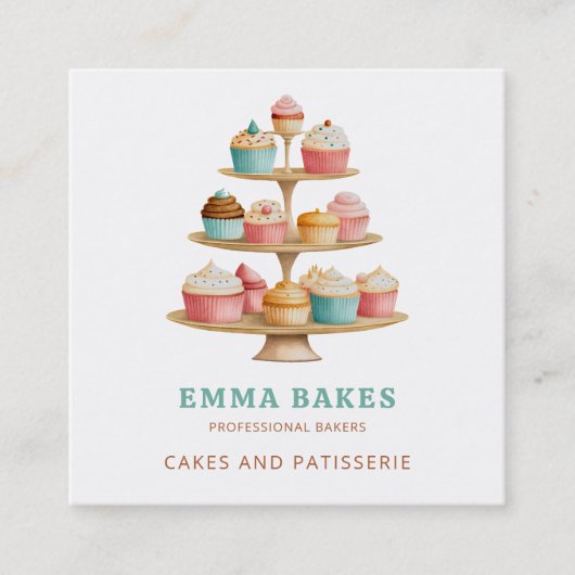 ヴィンテージレトロカップケーキスタンドベーカリーパティシシェフ スクエア名刺 (正面)