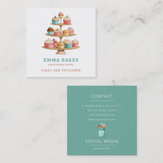 ヴィンテージレトロカップケーキスタンドベーカリーパティシシェフ スクエア名刺 (正面/裏面)