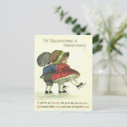 ヴィンテージレトロカップルアイススケートで滑るバレンタインカード シーズンポストカード (スタンド正面)