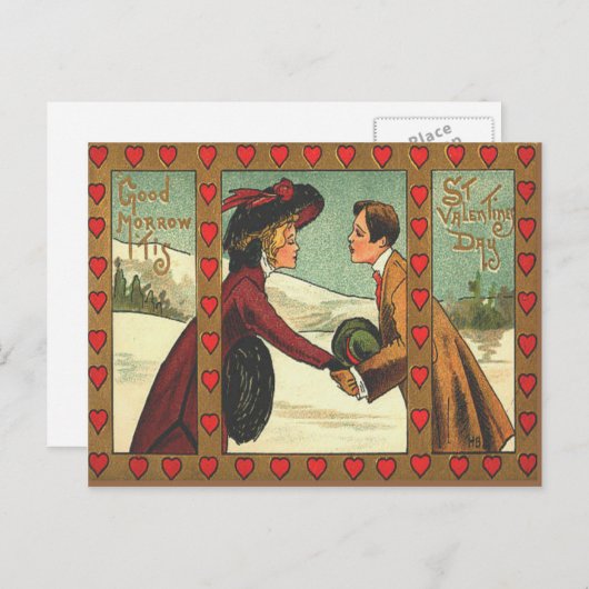 ヴィンテージレトロカップルキスをするバレンタインカード シーズンポストカード (正面/裏面)