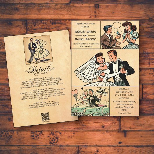 ヴィンテージレトロカップルロマンチック漫画ブック結婚ズ 招待状