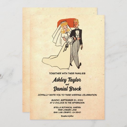 ヴィンテージレトロカップル50s漫画ブック結婚ズ 招待状 (正面/裏面)