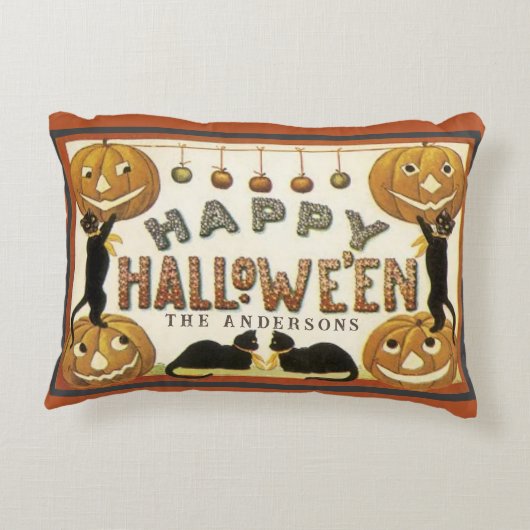 ヴィンテージレトロカボチャ&キャッツカスタムハロウィン アクセントクッション (裏面)