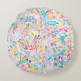ヴィンテージレトロカラフルリーフィーフローライラストレーション ラウンドクッション