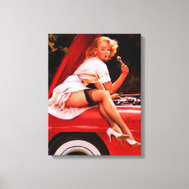 ヴィンテージレトロカー整備士ピンナップガール キャンバスプリント