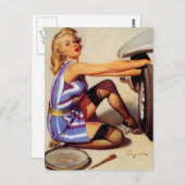 ヴィンテージレトロカー整備士ピンナップガール ポストカード (正面/裏面)