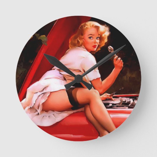 ヴィンテージレトロカー整備士ピンナップガール ラウンド壁時計 (正面)