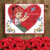 ヴィンテージレトロガールとブルーバードバレンタインデー ポストカード