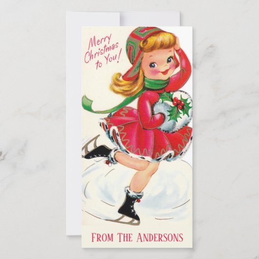 ヴィンテージレトロガールアイススケーターカスタムクリスマス シーズンカード (正面)
