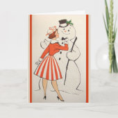 ヴィンテージレトロガールウィズ雪だるまカスタムクリスマス シーズンカード (正面)