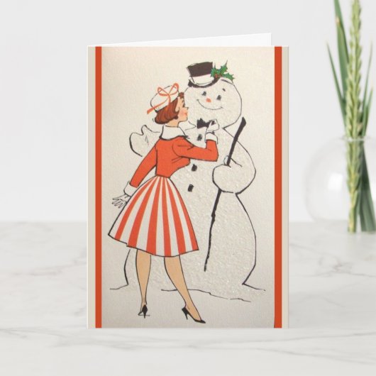 ヴィンテージレトロガールウィズ雪だるまカスタムクリスマス シーズンカード (正面)