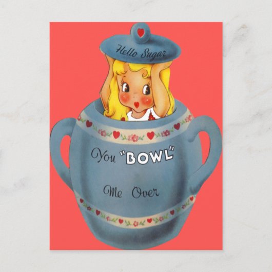 ヴィンテージレトロガールガールインシュガーボウルバレンタイン シーズンポストカード (正面)