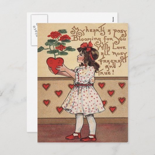ヴィンテージレトロガールハート植物バレンタインカード シーズンポストカード (正面/裏面)