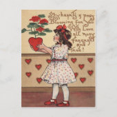 ヴィンテージレトロガールハート植物バレンタインカード シーズンポストカード (正面)