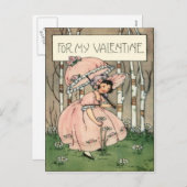 ヴィンテージレトロガールピッキングデイジーバレンタインカード シーズンポストカード (正面/裏面)