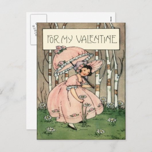 ヴィンテージレトロガールピッキングデイジーバレンタインカード シーズンポストカード (正面/裏面)