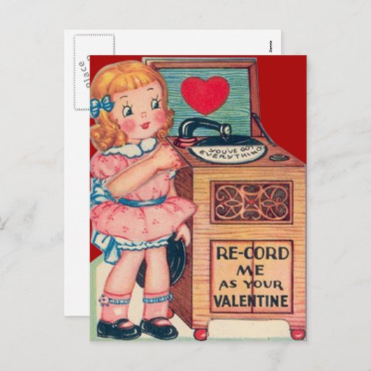 ヴィンテージレトロガールレコードプレーヤーバレンタインカード シーズンポストカード (正面/裏面)