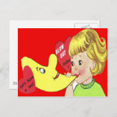 ヴィンテージレトロガール吹ズバルーンバレンタインカード シーズンポストカード (正面/裏面)